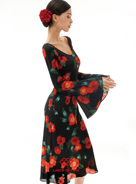 Labor of Love 弗朗明戈 原创设计黑红印花大圆领喇叭长袖连衣裙