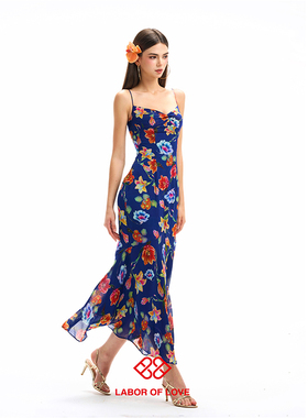 Labor of Love 蓝调美人鱼 原创设计人丝法式蓝花吊带鱼尾连衣裙