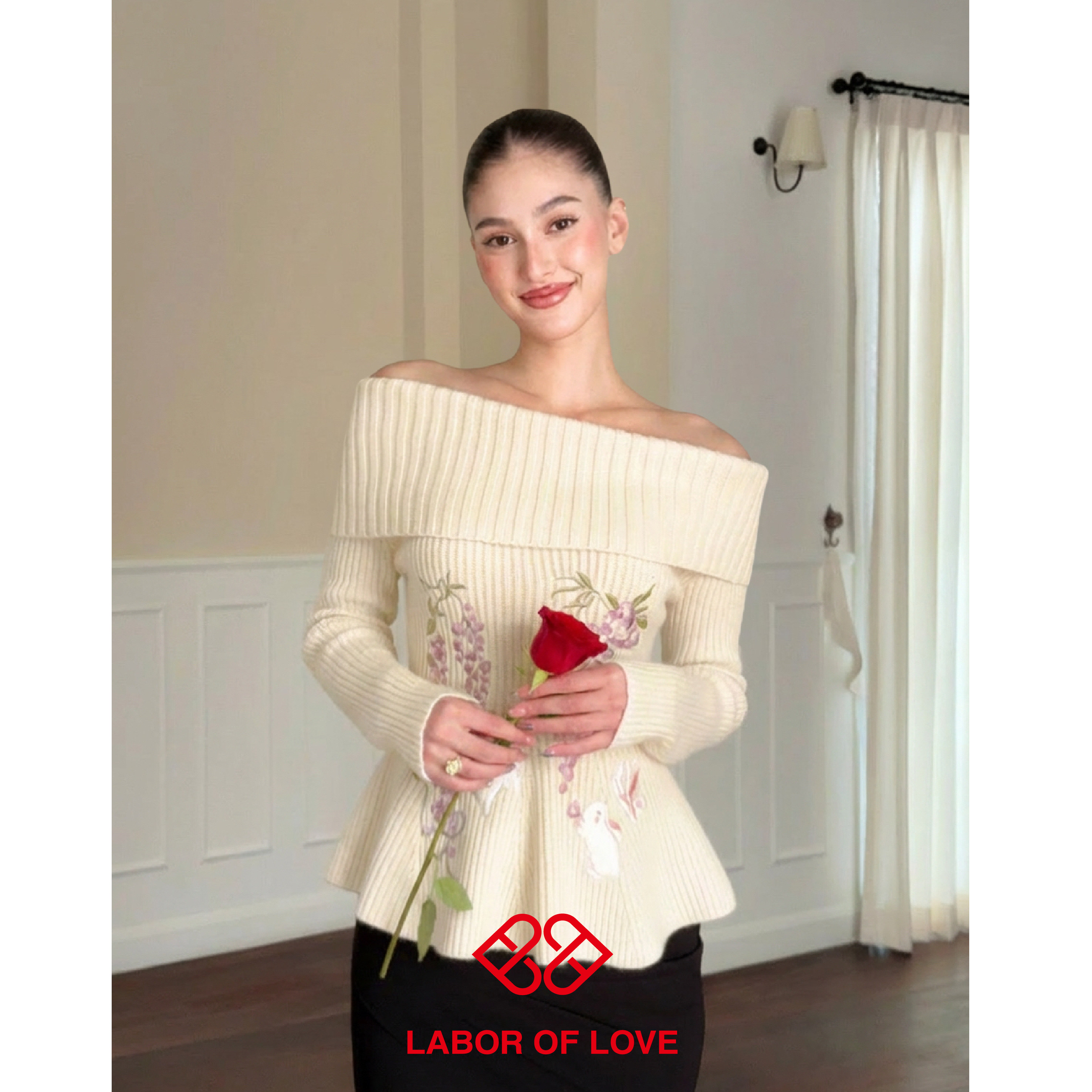 Labor of Love 葡萄与兔 原创设计米白重工刺绣翻领一字肩羊毛衣