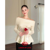 Labor 原创设计米白重工刺绣翻领一字肩羊毛衣 葡萄与兔 Love