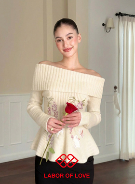 Labor of Love 葡萄与兔 原创设计米白重工刺绣翻领一字肩羊毛衣