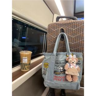 日本超火史努比卡通可愛刺繡手提包復(fù)古百搭牛仔布小包手拎便當(dāng)