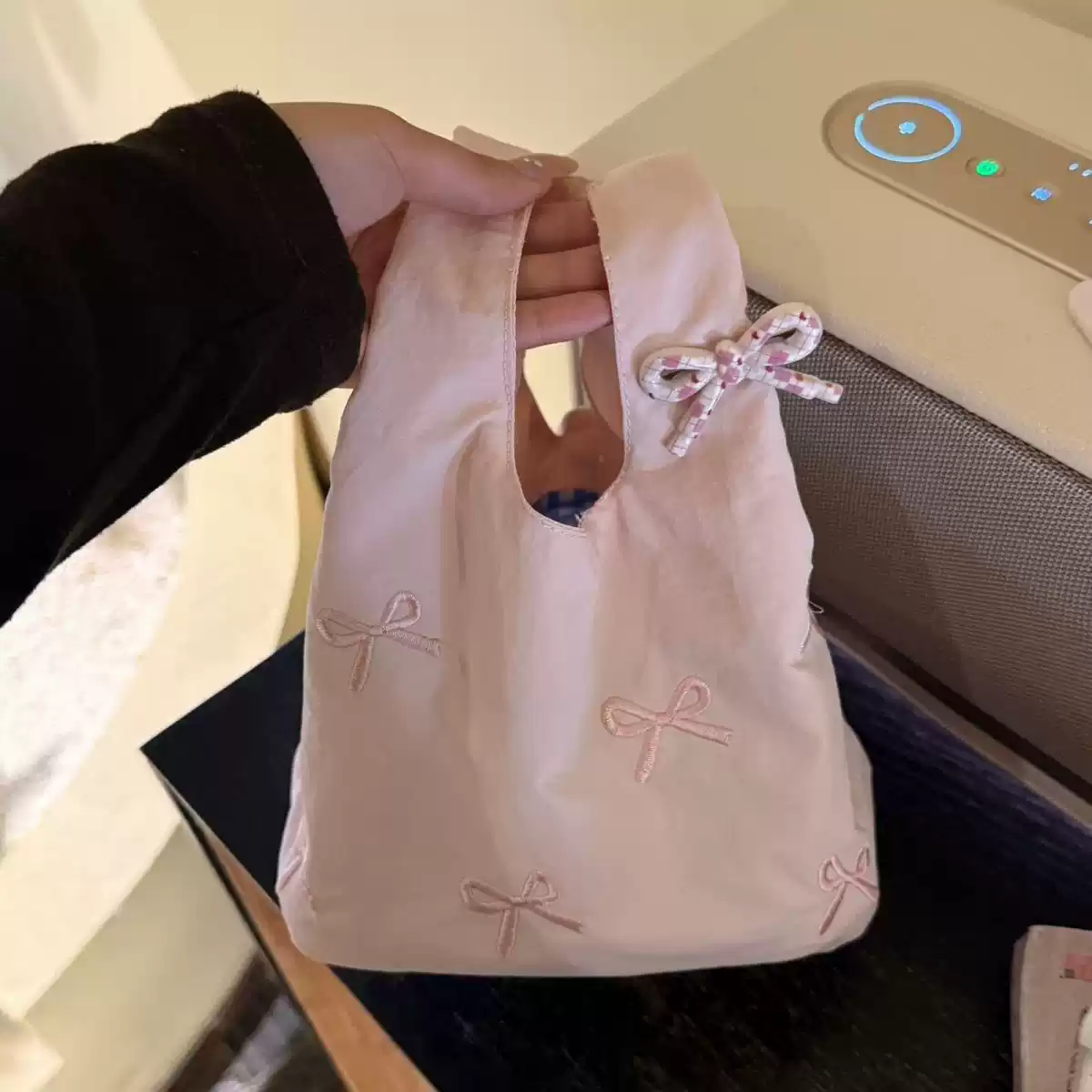 ins风粉色蝴蝶结刺绣手拎包轻便
