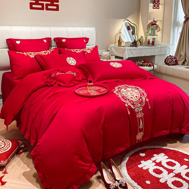 新款亲肤磨毛婚庆四件套新婚刺绣喜庆大红简约婚房床品龙凤床单
