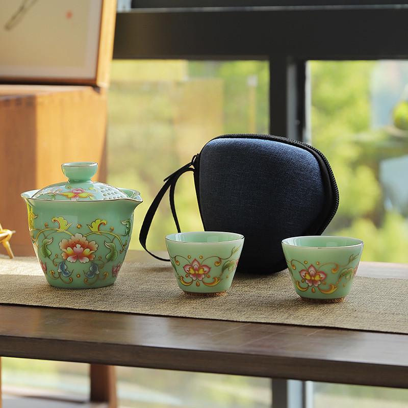 青瓷旅行茶具套装小套便携式快客杯一壶二杯户外旅游包功夫泡茶壶