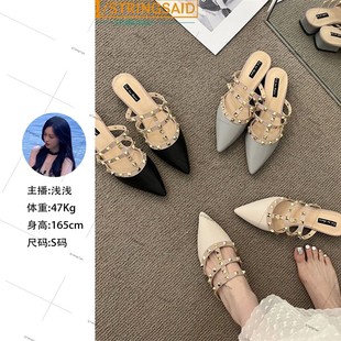 女 法式 感铆钉凉拖鞋 女夏外穿2025夏韩版 漆皮尖头包头半拖凉鞋