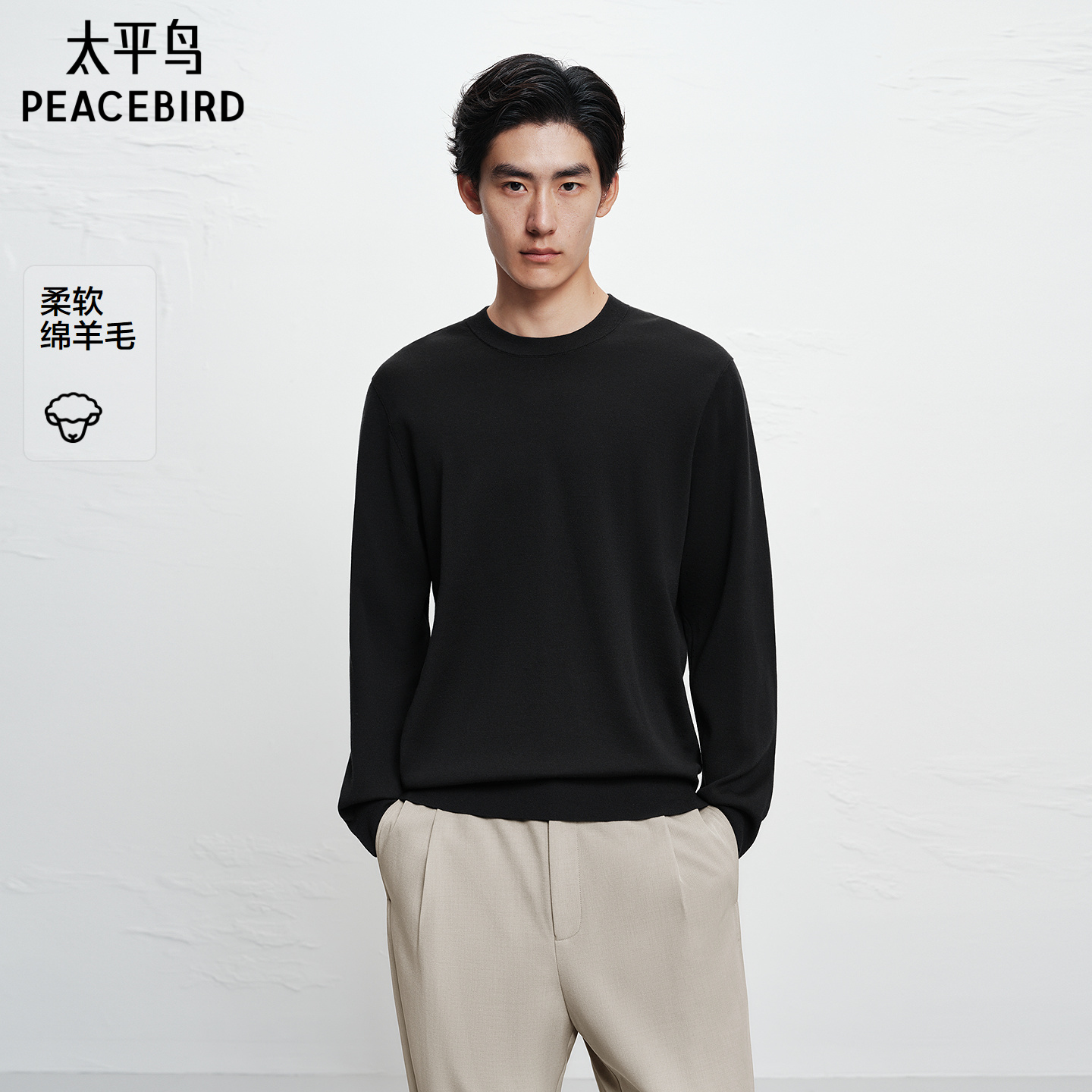 【商场同款】太平鸟男装 2025年冬季新款黑色圆领毛衫B1EBF4429