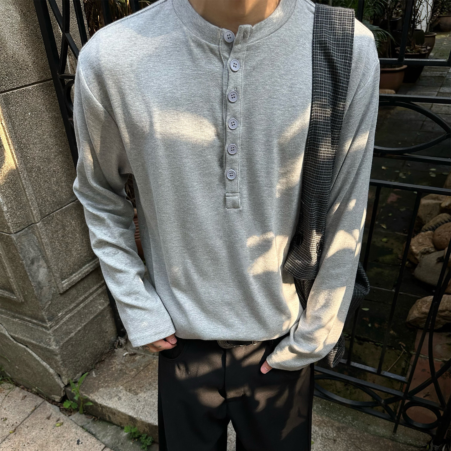 MAISTEP老钱风纯色亨利领长袖