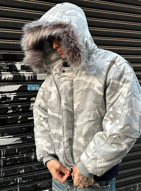 MAISTEP 雪地灰白迷彩仿兔毛领棉服外套做旧落色短宽版型夹棉夹克