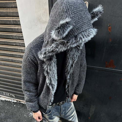 MAISTEP条纹猫耳朵毛领连帽棉服