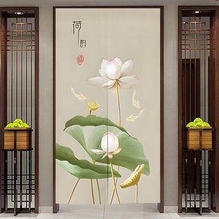 荷花布艺门帘玄关厕所隔断帘卫生间遮挡帘家用卧室免打孔挂帘 中式