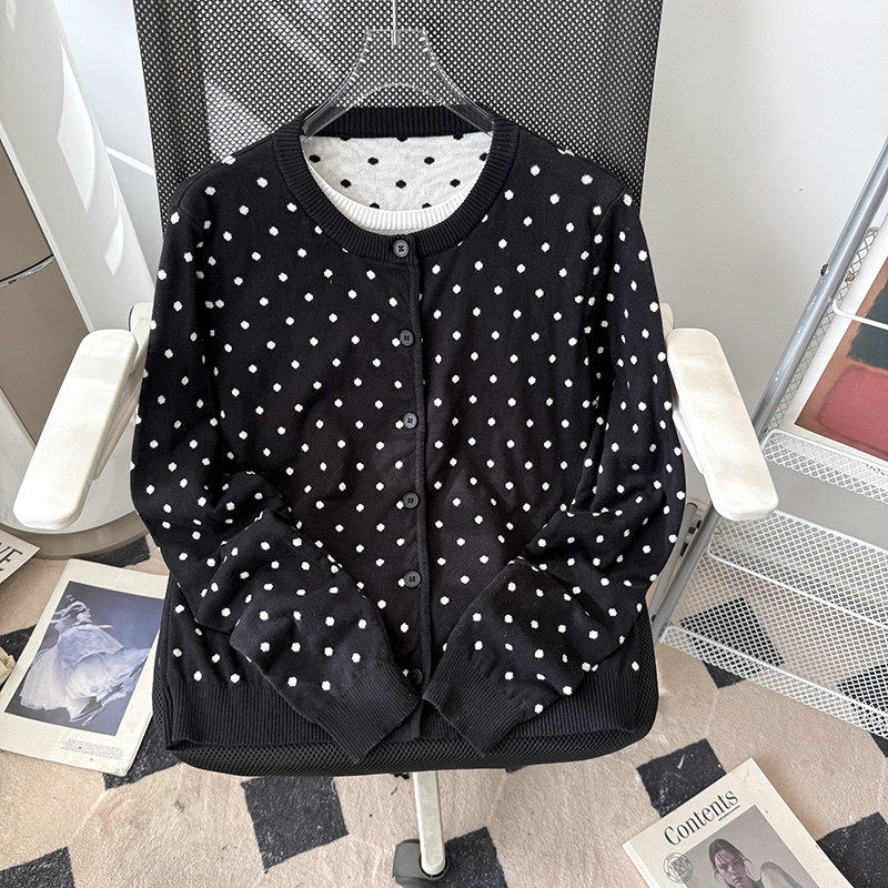 2026春季新款波点假两件针织开衫上衣女春季针织衫慵懒风毛衣外套