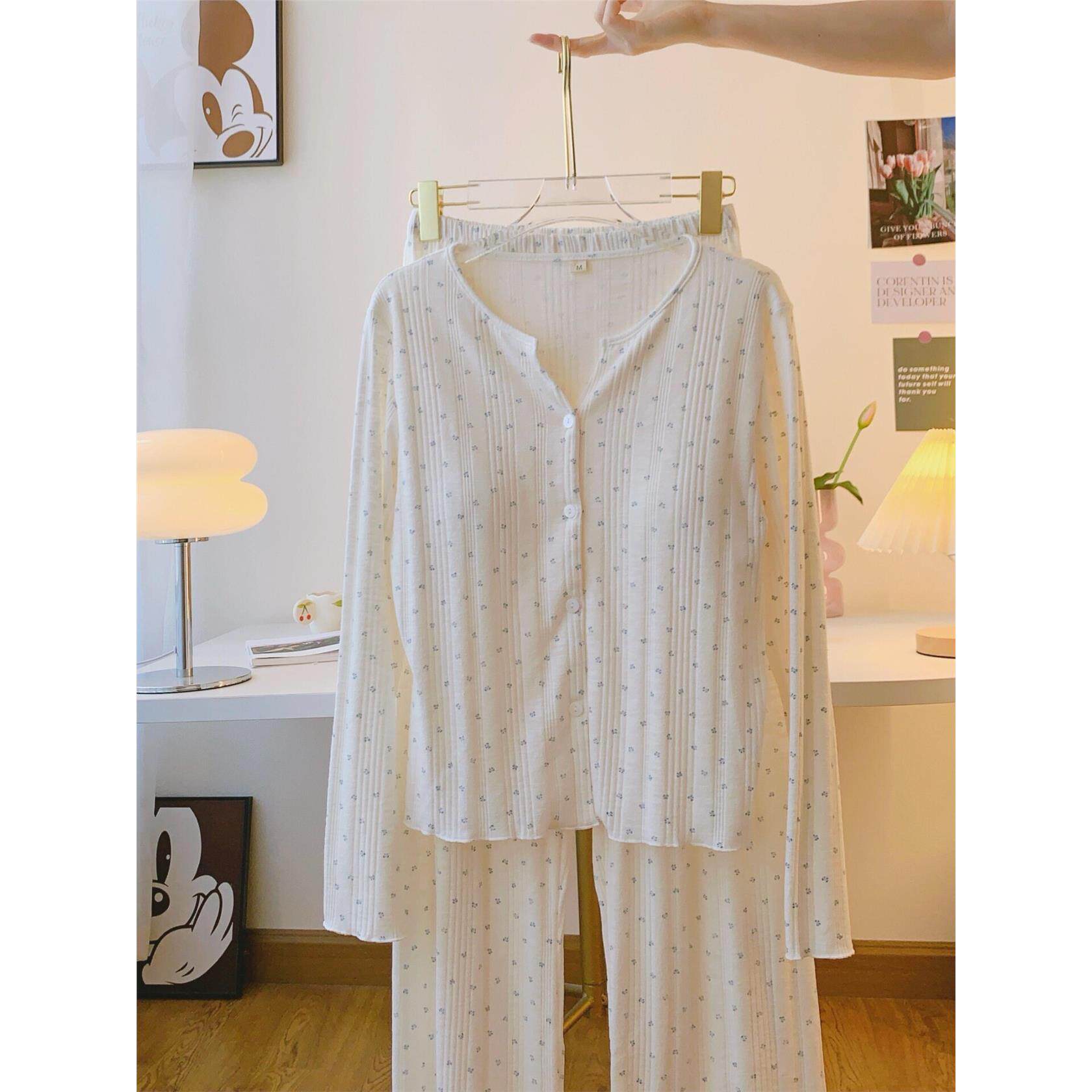 碎花纯棉睡衣女款春秋季2025新款针织棉带胸垫长袖长裤套装家居服