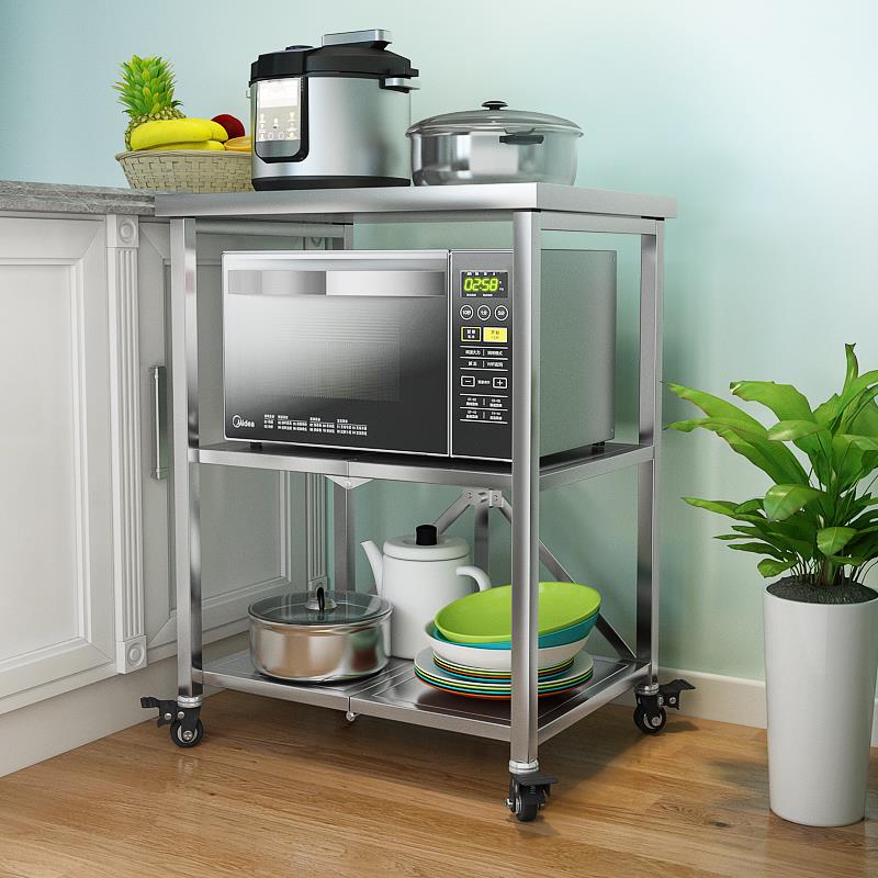 可折叠移动推车架子304不锈钢厨房置物架落地微波炉烤箱电饭煲架