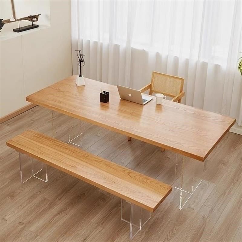 亚克力悬浮实木餐桌家用茶桌房间办公书桌K会议桌原木长工作台岛