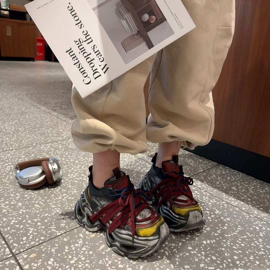 阿喜店2025年早秋新款真皮厚底老爹鞋女增高松糕鞋百搭休闲运动鞋