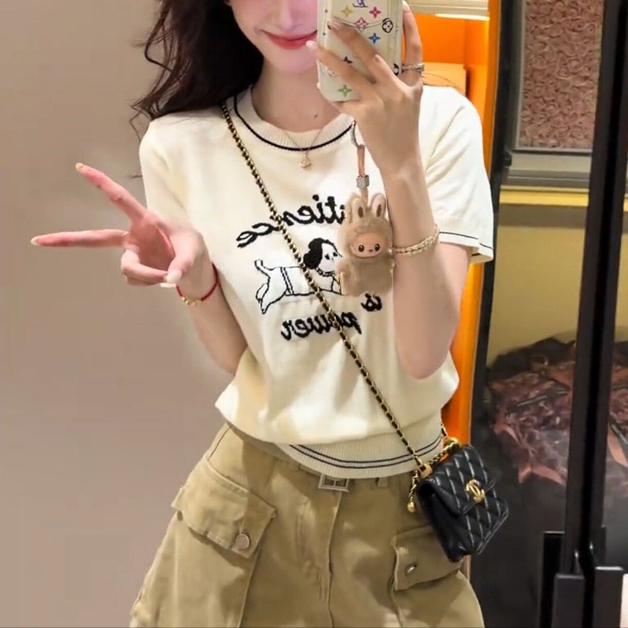 韩系杏色小狗提花针织短袖T恤女夏季薄款小个子修身显瘦短款上衣