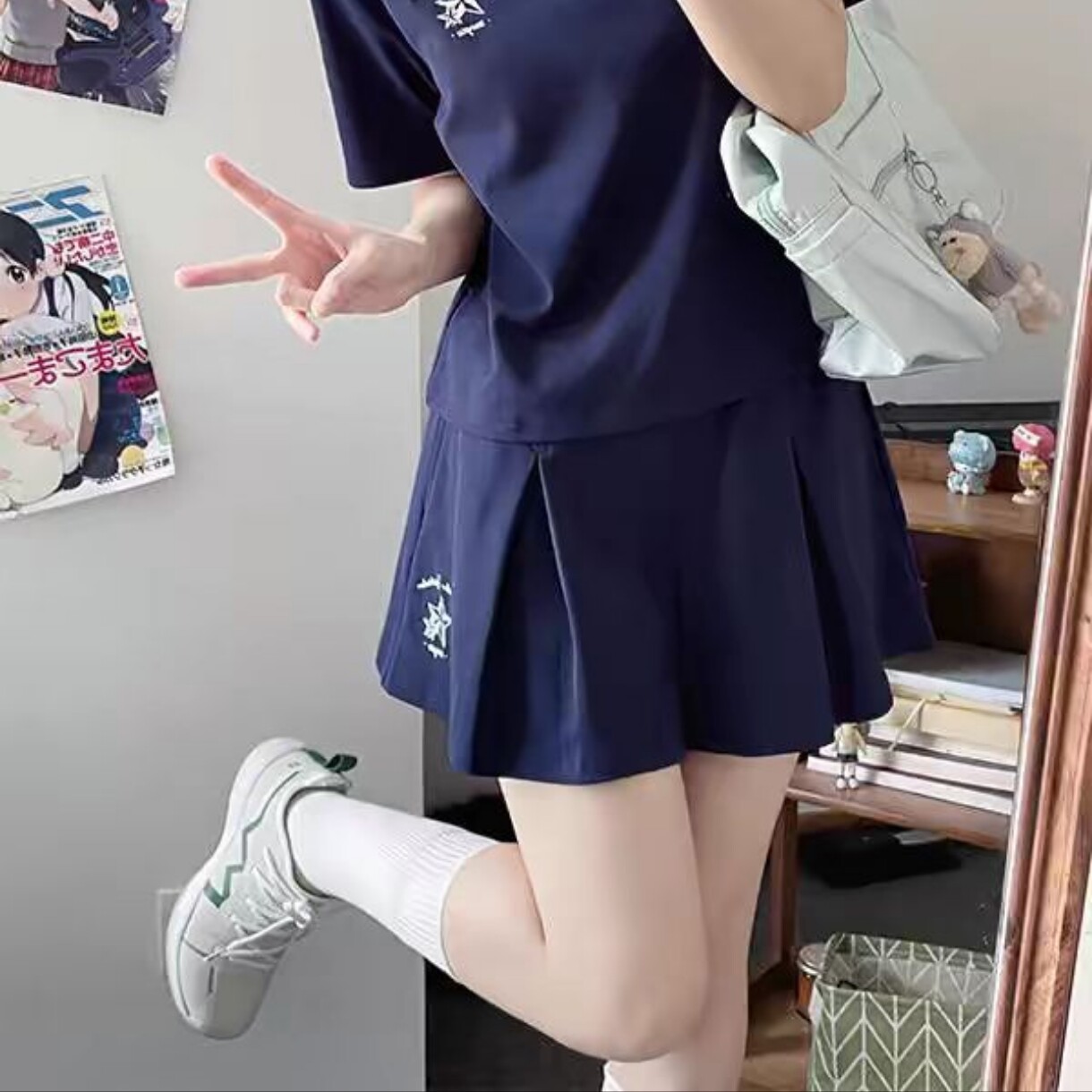 制服千折星百褶安全裤裙短袖T恤收腰POLO衫休闲运动套装女