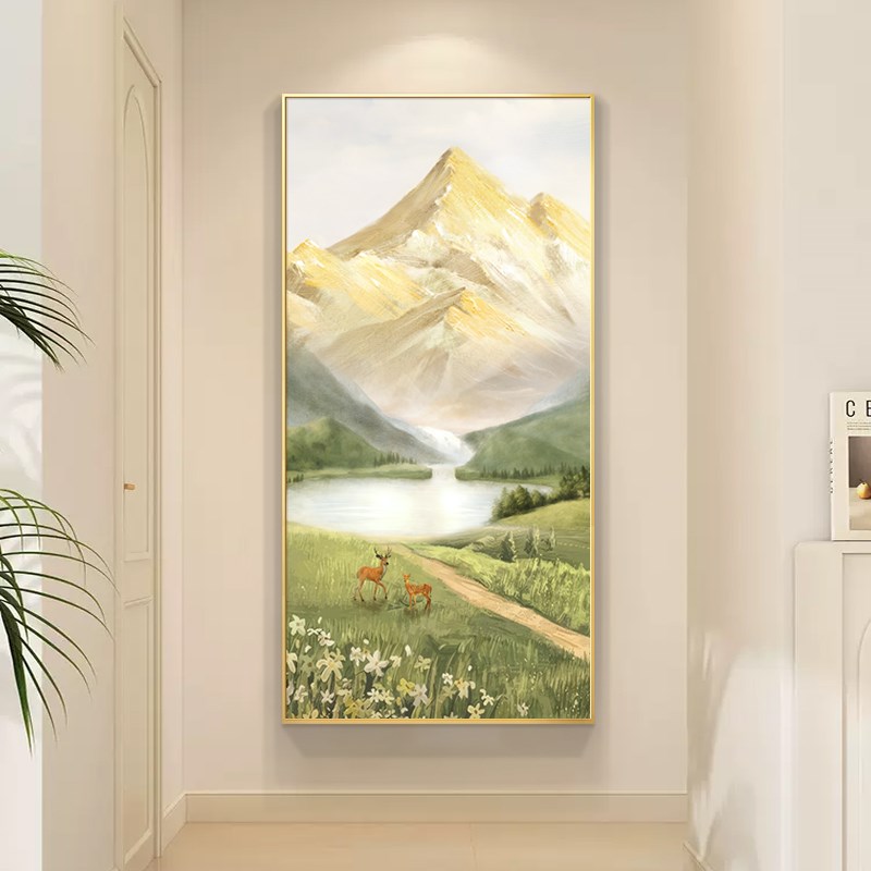 日照金山轻奢高级感山水画入户玄关装饰画手绘风景U挂画正对门壁