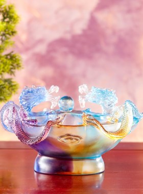 琉璃摆件双龙戏珠聚宝盆家用桌面摆件居家装饰工艺品W开业乔迁送