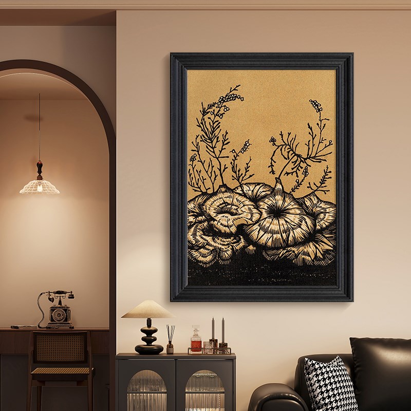 美拉德色系客厅餐厅法式中古风挂B画抽象植物装饰画玄关纯手绘油