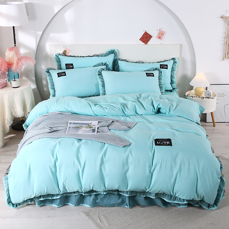 网红款韩版纯色少女心蕾丝花边磨毛F四件套床裙款X轻奢床上用品