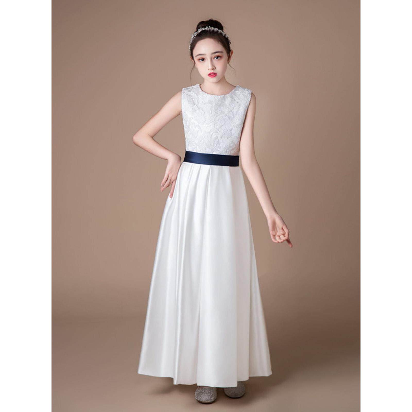 女童白色缎面礼服春夏钢琴演奏主持人演出服儿童公主管弦乐团合唱