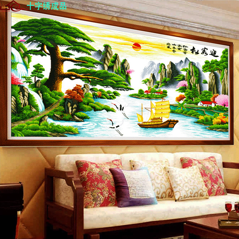 3OBR机绣十字绣成品已s绣好迎客松财运客厅棉布风景山水沙发装饰