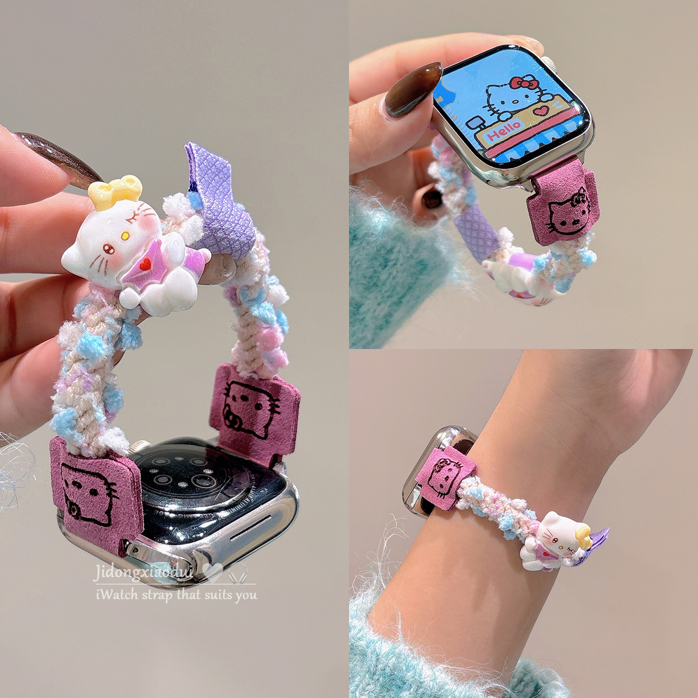 适用applewatchS11/10可爱kitty麻花辫力发圈表带苹果手表ultra3/2女款闺蜜iwatch9/8/7/6新款休闲百搭SE腕带