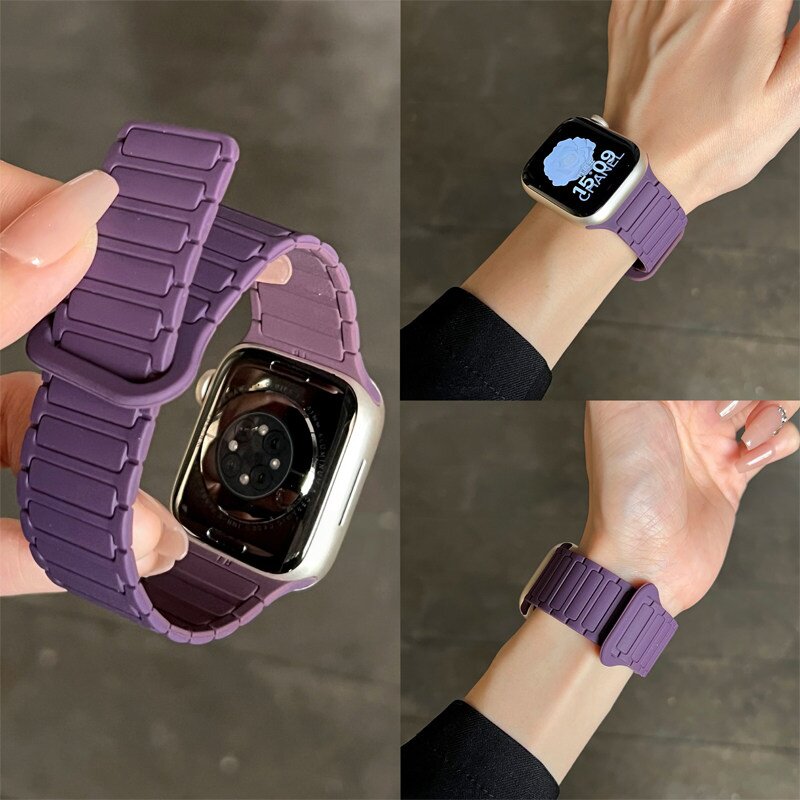 适用applewatchS11/10张婧仪同款硅胶磁吸表带苹果手表ultra3/2女情侣iwatch9/8/7/6新款夏天透气SE小众腕带