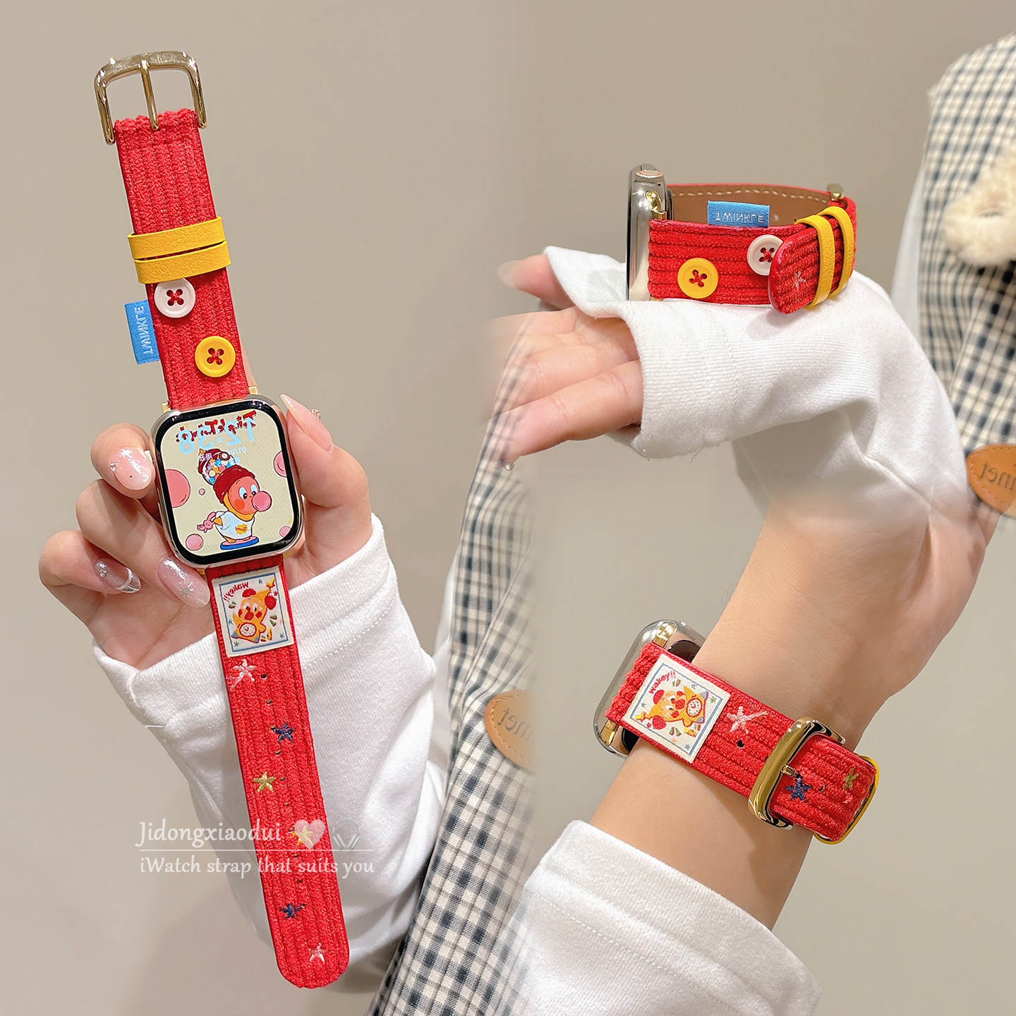 适用applewatchS11/10秋冬灯芯绒纽扣卡通表带苹果手表ultra3/2女情侣iwatch9/8/7/6新款可爱休闲百搭SE腕带,智能设备,智能手表手环表带/腕带,淘宝优惠券,粉丝福利购,淘宝优惠卷