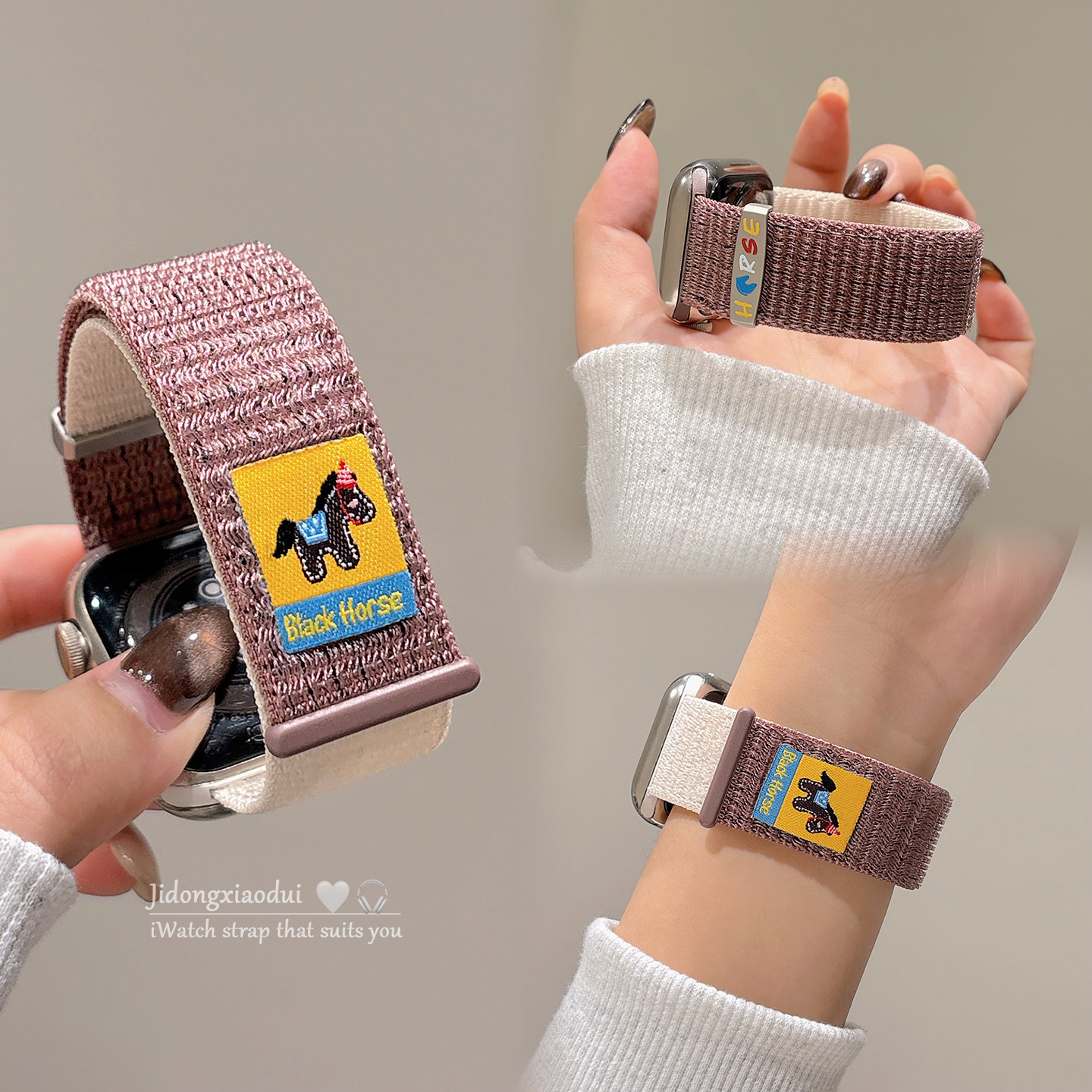适用applewatchS11/10卡通拼色小马魔术贴表带苹果手表ultra3/2男女款情侣iwatch9/8/7/6新款运动透气SE腕带