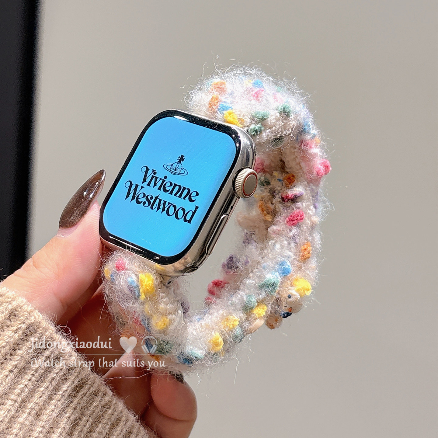 适用applewatchS11/10秋冬毛绒拼色花朵纽扣表带苹果手表ultra3/2女款闺蜜iwatch9/8/7/6新款休闲百搭SE腕带