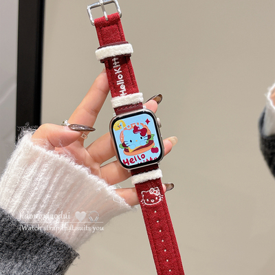 适用applewatchS11/10新年格纹毛绒刺绣kitty表带苹果手表ultra3/2男女情侣iwatch9/8/7/6新款休闲百搭SE腕带