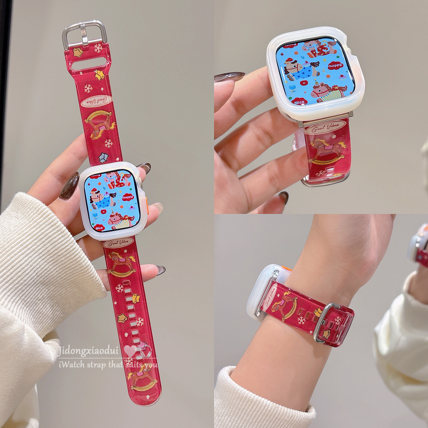 适用applewatchS11/10暖冬木马波点表壳保护套表带苹果手表ultra3/2女情侣iwatch9/8/7/6新款运动透气SE腕带