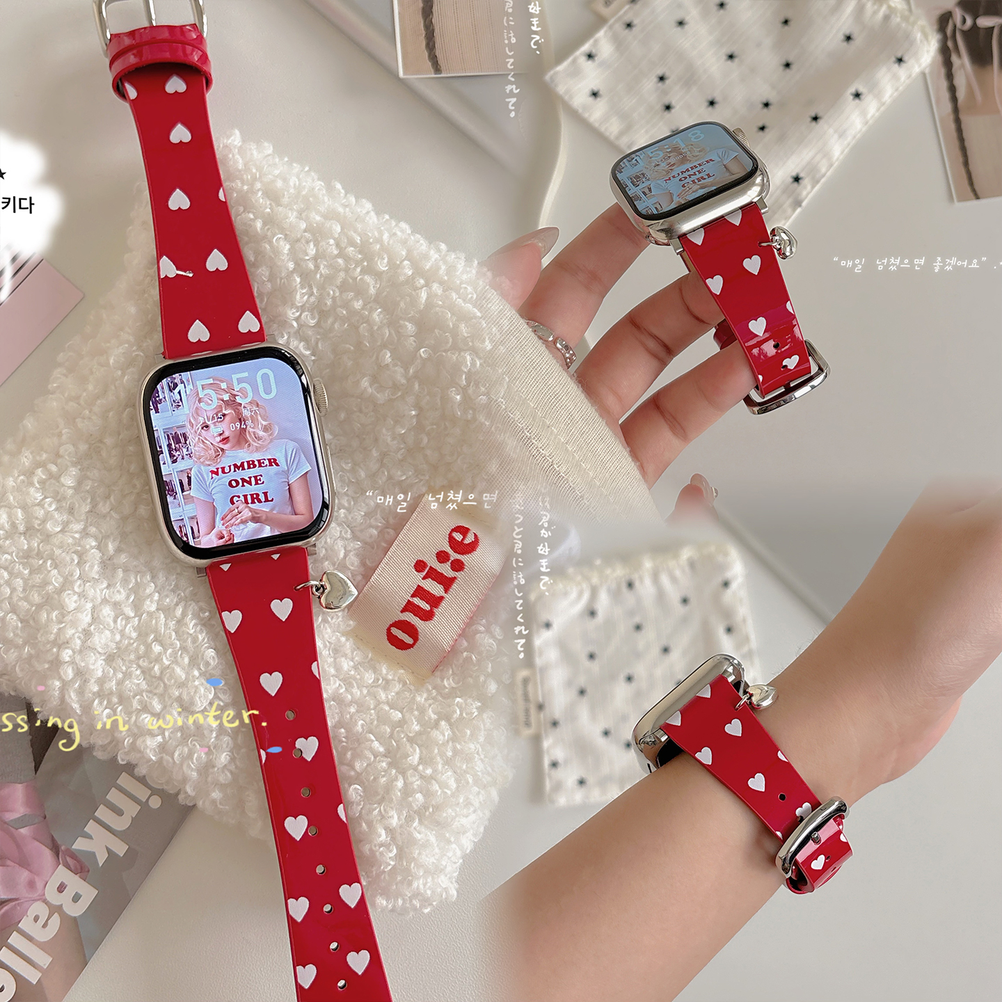 适用applewatchS11/10韩国博主同款爱心漆皮表带苹果手表ultra3/2女款闺蜜iwatch9/8/7/6新款休闲百搭SE腕带