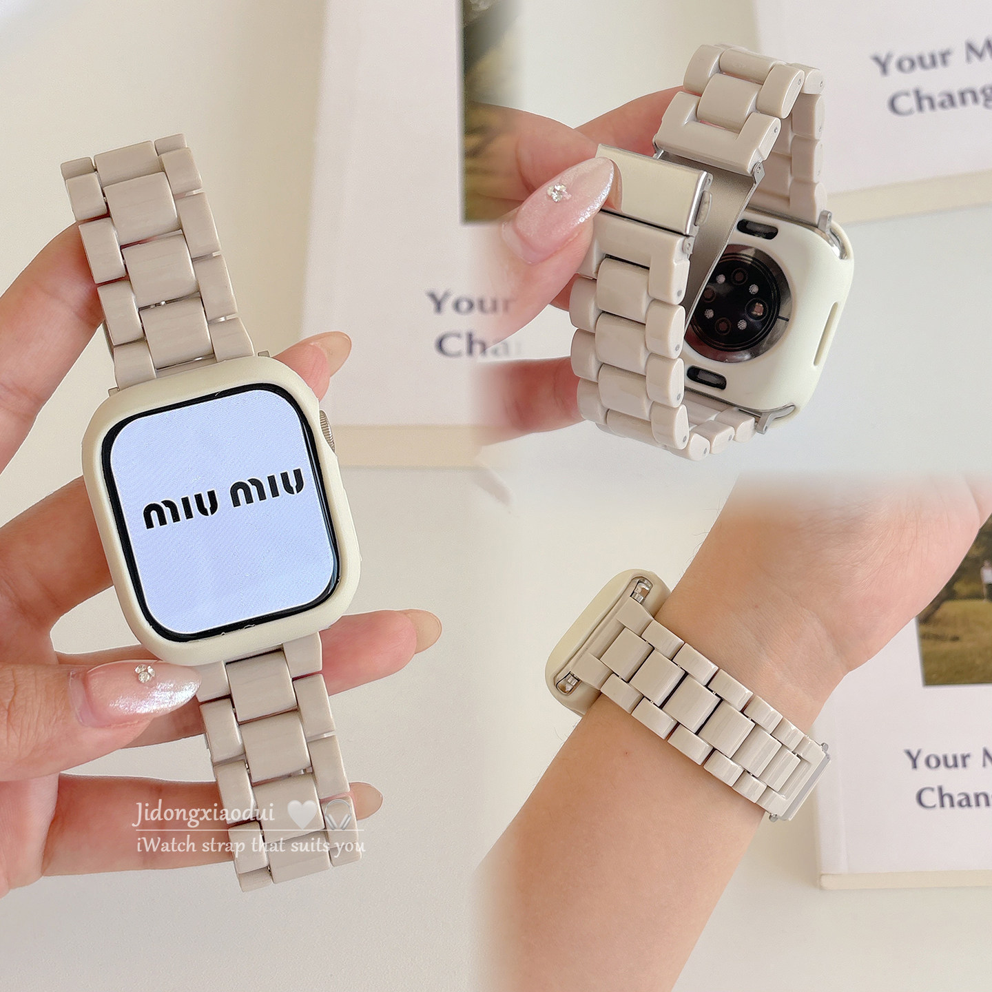 适用applewatchS11/10夏日树脂多巴胺表带苹果手表保护壳ultra3/2男女情侣iwatch9/8/7/6新款透气SE小众腕带