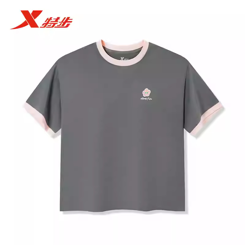 特步短袖女2025夏季新款圆领短T运动休闲棉针织衫975328010179