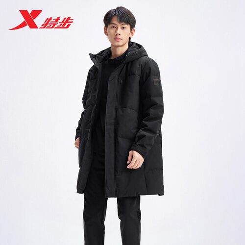 特步中长款连帽羽绒服男2025冬新款抗寒保暖升温外套975429640013