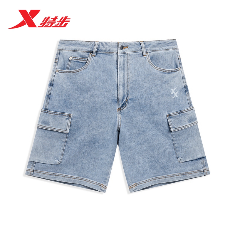 新款特步牛仔短裤男裤2024夏季时尚工装大口袋五分裤976229710559
