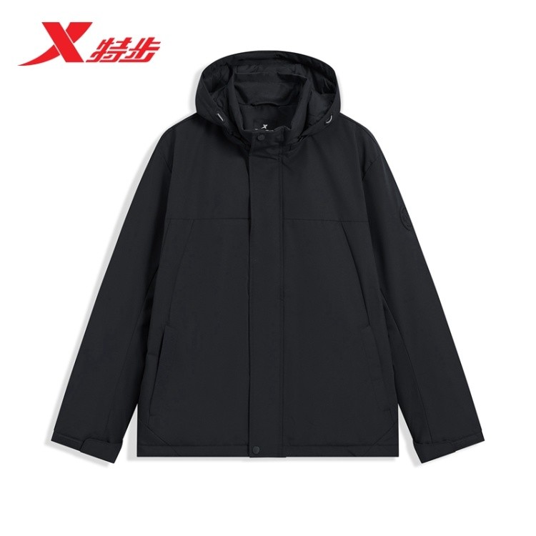 特步男子加绒加厚可拆帽2023春季新款防风外套风衣男977429160246