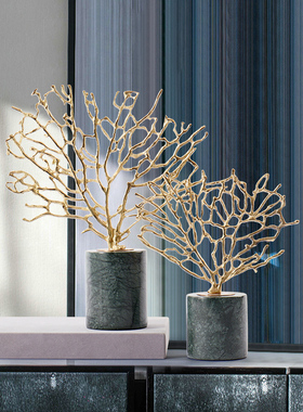 rzone 轻奢北欧工艺品摆饰黄铜珊瑚树客厅玄关样板房样T品屋展示