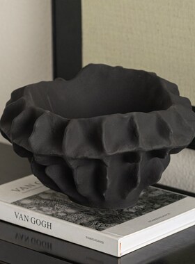 Rzone 侘寂风黑色磨砂肌w理感褶皱凹凸陶瓷花瓶中古样板放家居摆