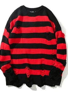 Round neck striped hole loose sweater 圆领条纹破洞宽松毛衣男