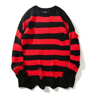 Round neck striped hole loose sweater 圆领条纹破洞宽松毛衣男