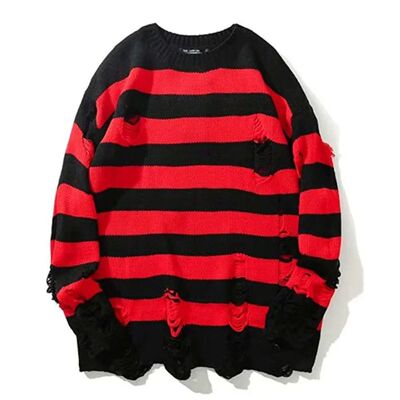 Round neck striped hole loose sweater 圆领条纹破洞宽松毛衣男