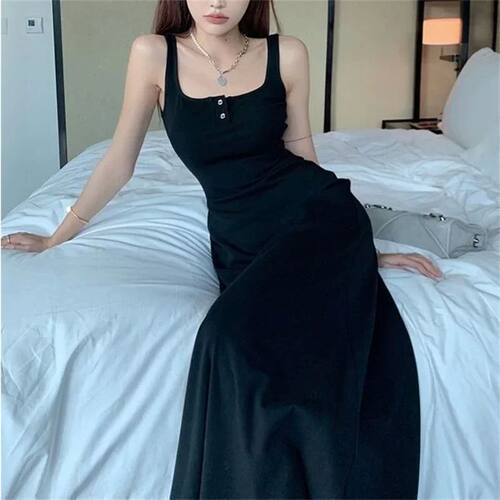 欧美风方领纯色无袖收腰连衣裙