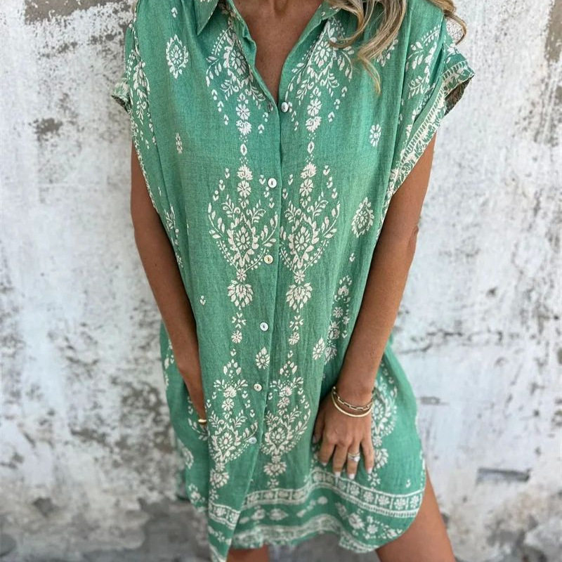 Printed collar short sleeved dress女士印花翻领短袖纽扣连衣裙