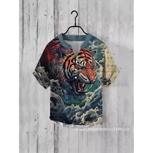 印花纽扣休闲短袖衬衫Printed button V-neck casual short shirt