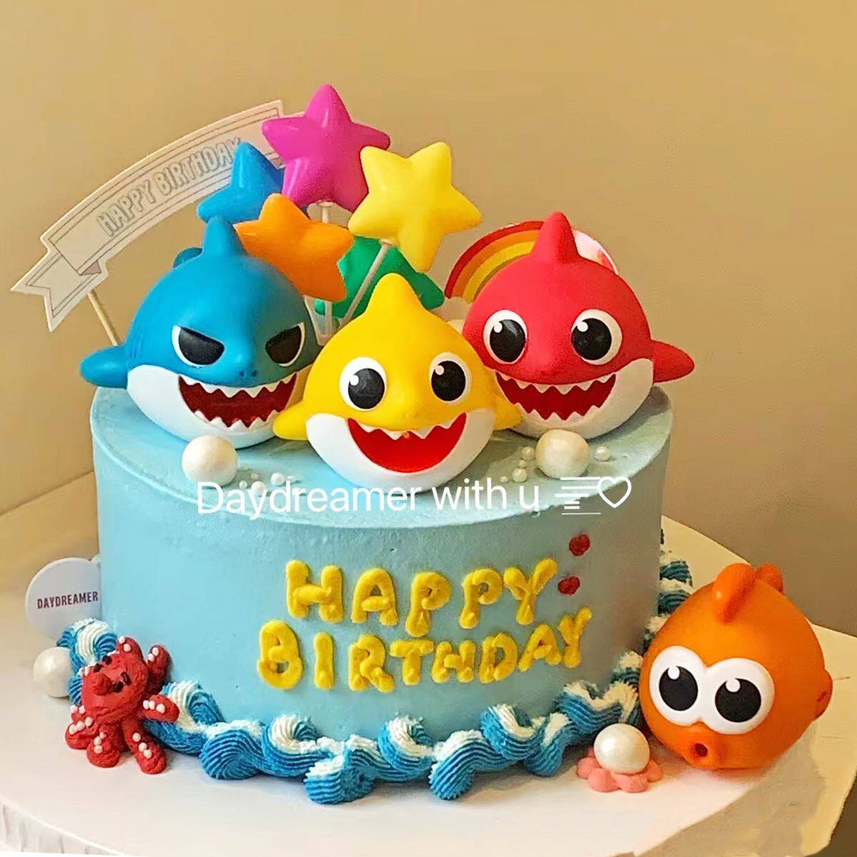 海底动物卡通小鲨鱼一家宝宝海洋生日蛋糕装饰插件牌摆件玩具公仔